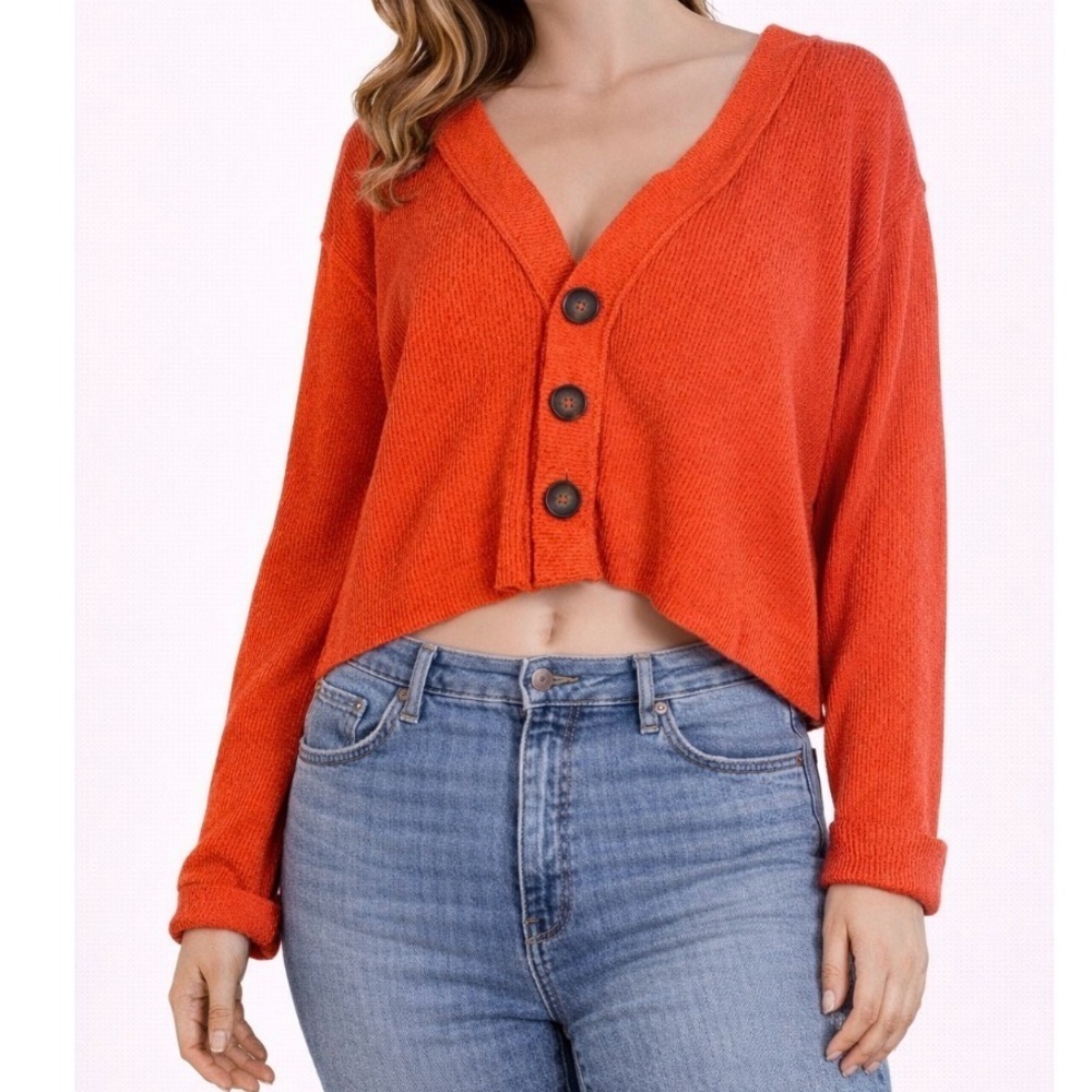 Urban Outfitters tangerine orange cardigan cropped SZ SM lightweight Boxy